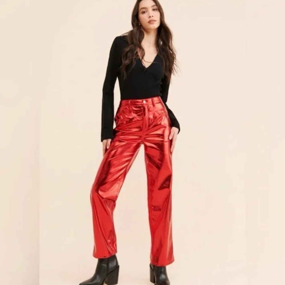 AFRM Pants Womens Sz 30 Bailyn Metallic Jeans High Waist Straight Leg Red